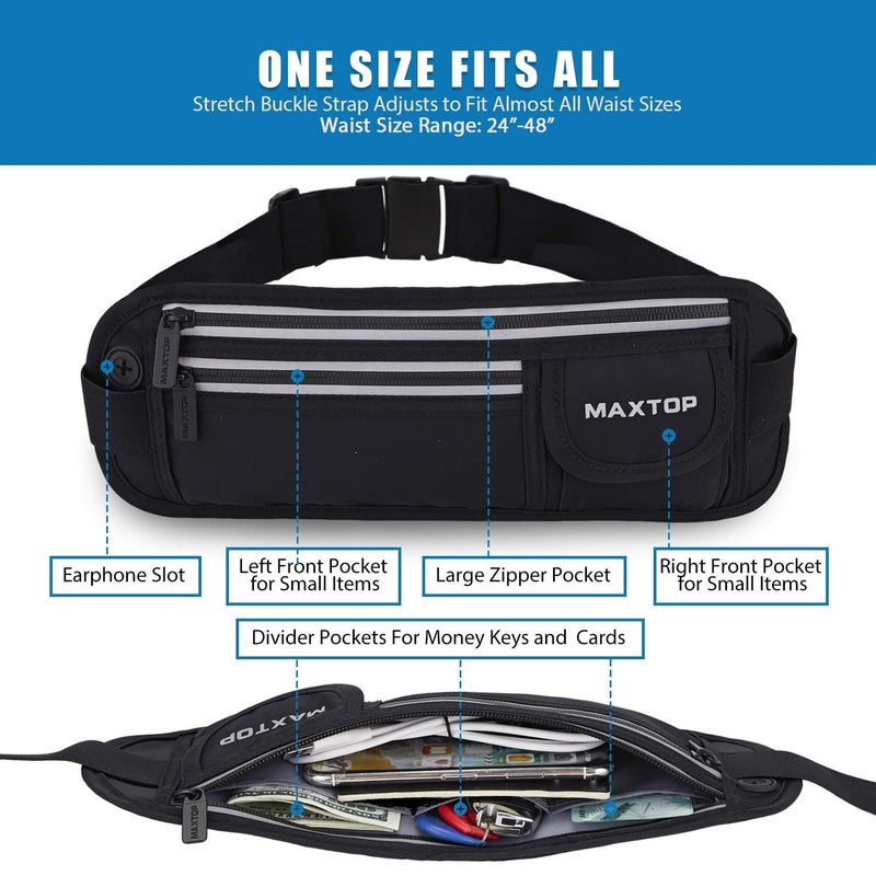 Maxtop Running Belts for Women Men Black Fanny Pack Bag for Workout Exercise Walking Hiking Waist Pouch Fits iPhone Cell Phone Holder for Running Travel Money Belt,Gym Gear for Runner - Image 2